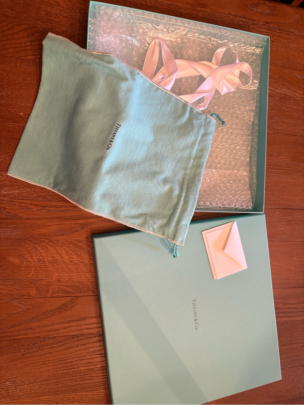 Large Tiffany & Co. Signature Blue Box with Dust Bag, Ribbon, Card w/Envelope